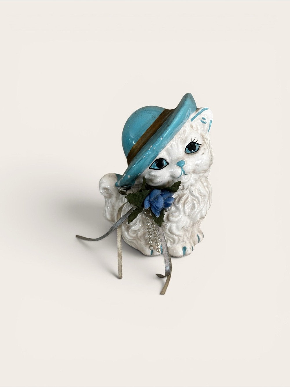 Vintage Kitschy White Persian Cat Coin Bank / Figurine - Blue Hat & Pearls
